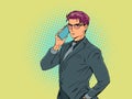 A man in a suit and glasses is talking on the phone. Serious conversation. A professional in his field. Resolving the