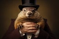 Man in suit and hat holding groundhog. AI generated Royalty Free Stock Photo