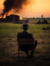 Man in suit and hat sitting watching the house fire burn in distance. Generative AI