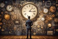 Man in suit and hat stands with his back looks at huge retro clock with Roman numerals