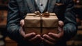 Man in Suit Holding Brown Gift Box