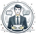 Man in suit holding document with speech bubbles representing business or communication Royalty Free Stock Photo