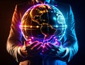 A man in a suit holding a glowing globe. Made with artificial intelligence (AI)