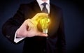 Man in suit holding a glowing yellow light bulb Royalty Free Stock Photo