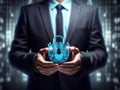 A man in a suit holding a padlock in his hands. Generative AI image. Cyber cecurity concept image. Royalty Free Stock Photo
