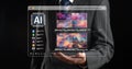 Man in Suit Holding Transparent Screen with AI Generated Art Images, Visualizing Concepts of Artificial Intelligence Royalty Free Stock Photo