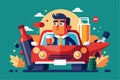 A man in a suit holds a drink while sitting in a red car surrounded by bottles, emphasizing drunk driving risks, Illustration of Royalty Free Stock Photo