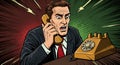 A man in a suit holds a yellow rotary phone with an expression of shock. The