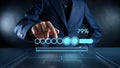 A man in a suit interacting with a loading bar showing progress on a digital interface screen display Royalty Free Stock Photo