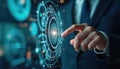 Man in suit interacts with futuristic digital interface. Abstract tech network shows data flow. Person uses ai panel for business Royalty Free Stock Photo