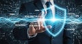 Cybersecurity shield protecting digital data with futuristic glowing network and professional businessperson Royalty Free Stock Photo