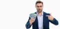 Man in suit with money cash. Dollar banknotes. Portrait of man holding american money banknotes. Dollar bills, credit Royalty Free Stock Photo