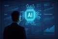 Man in suit observing AI chip and data analytics on futuristic screen artificial intelligence data science Royalty Free Stock Photo