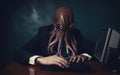 A boss man in a suit with an octopus head on his head typing on a laptop. AI generative image. Royalty Free Stock Photo