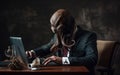 A man in a suit and octopus mask working on a laptop. Generative AI image. Royalty Free Stock Photo