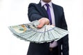 Man in suit offering dollar banknotes close up Royalty Free Stock Photo