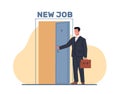 Man in suit opens door to new job. Successful businessman in suit with briefcase. Career opportunities. Employee