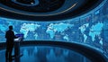 Man in suit operates large interactive display room with world maps, data visualizations. Futuristic interface with charts, Royalty Free Stock Photo