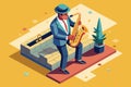 A man in a suit playing a saxophone with focus and skill, Jazz saxophonist Customizable Isometric Illustration