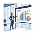 Man in suit pointing at financial charts on a large screen in office graph Royalty Free Stock Photo