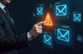 Man in suit points at glowing warning icon amid email notifications on digital interface. Digital alert signals cyber threat and Royalty Free Stock Photo