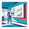 Man in suit presenting charts and graphs on a large screen presentation Royalty Free Stock Photo