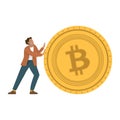 A man in a suit pushes a large bitcoin coin. Cryptocurrency growth or purchase, exchange. Designing startup websites
