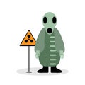 A man in a suit of radiation, chemical, biological protection and a sign of radiation. Vector illustration.