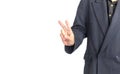 Man with suit raising two fingers up on white Royalty Free Stock Photo