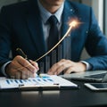 A man in a suit is seated at a desk, holding a pen and analyzing a document with bar graphs.