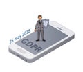 Man in suit with a shield protecting smartphone and personal data. GDPR initiation date. Data protection. GDPR, RGPD Royalty Free Stock Photo