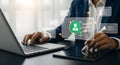 man verifying documents with a digital checkmark Royalty Free Stock Photo