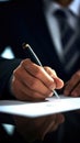 Man in a suit is signing a document with a pen