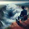 A man in a suit sitting on the edge of a cliff. Royalty Free Stock Photo