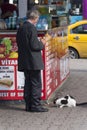 A man in a suit standing feeding a stray cat