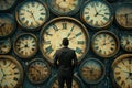 A man in a suit standing in front of a wall of clocks Royalty Free Stock Photo