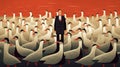 Man In Suit Standing Out From Geese Crowd - Dreamlike Illustration Royalty Free Stock Photo