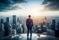 man in suit standing on rooftop, looking out over city. He is alone and seems to be lost in thought. successful businessman in Royalty Free Stock Photo