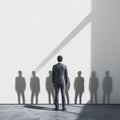 Man in Suit Standing Before Shadows of a Group on a White Wall Royalty Free Stock Photo