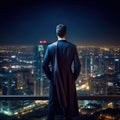 Man in a suit standing on top of a building looking out over the city at night Royalty Free Stock Photo