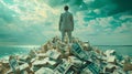 a man in a suit is standing on top of a pile of money , generated by AI Royalty Free Stock Photo