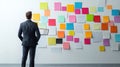 man in suit stands in front of wall covered with colorful sticky notes, holding laptop, symbolizing brainstorming, project