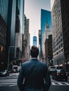 Man in suit stands in the middle of busy city street. Royalty Free Stock Photo