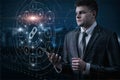 Man in suit studying web link icon connecting users