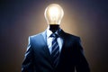 Man in suit and tie with light bulb on his head. Generative AI Royalty Free Stock Photo