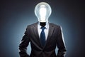 Man in suit and tie with light bulb on his head. Generative AI Royalty Free Stock Photo