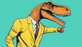 A man in a suit and tie is pointing at a dinosaur