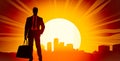 Man in suit and tie standing in front of city skyline. Generative AI Royalty Free Stock Photo