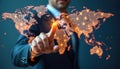Man in suit touches glowing world map with data points. Represents global business, tech, and networking. Future concepts of Royalty Free Stock Photo