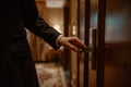 Man in a suit using a key card to access a secured door in a hotel corridor Royalty Free Stock Photo